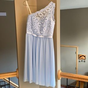 David’s Bridal Ice Blue One Shoulder Corded Lace Dress